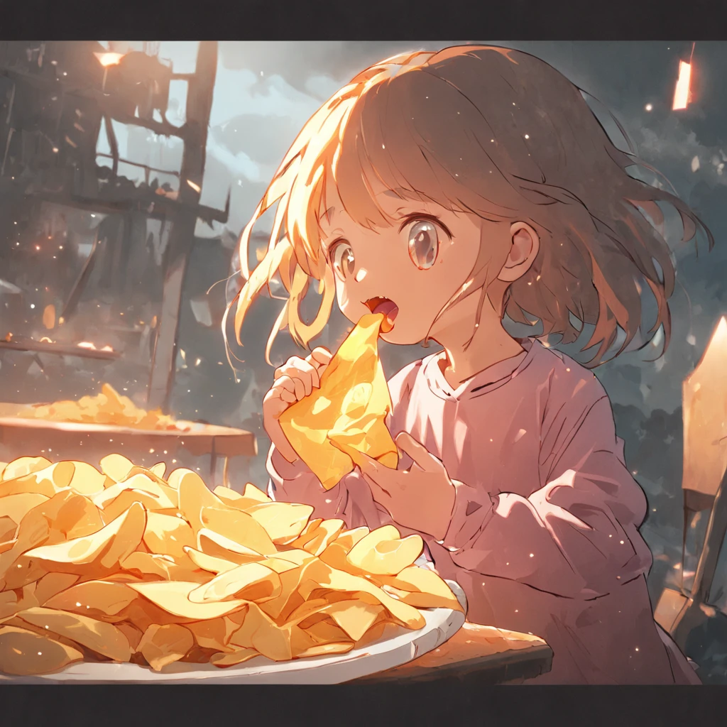 2D vector illustration, Mono Color,Little girl eating potato chips