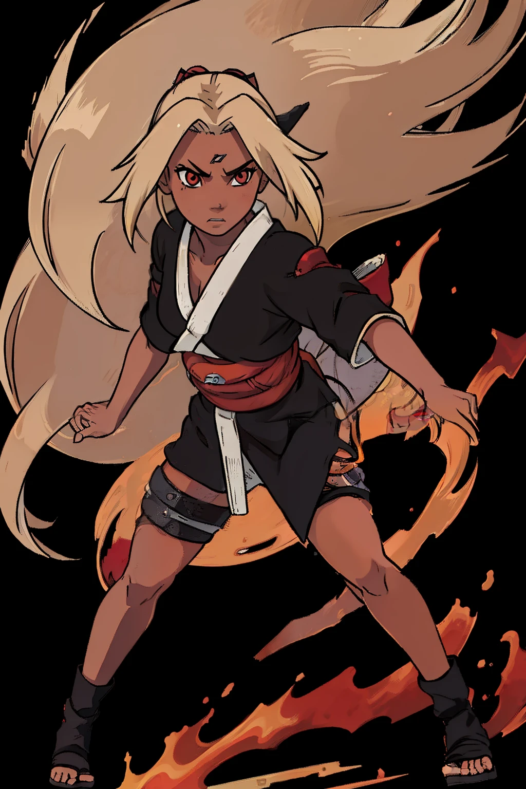 full body, (((dark skin))), blonde hair, messy hair, (((red eyes))), black kimono top, crop top, naruto artstyle, serious expression, inuzuka, small breasts, detailed face