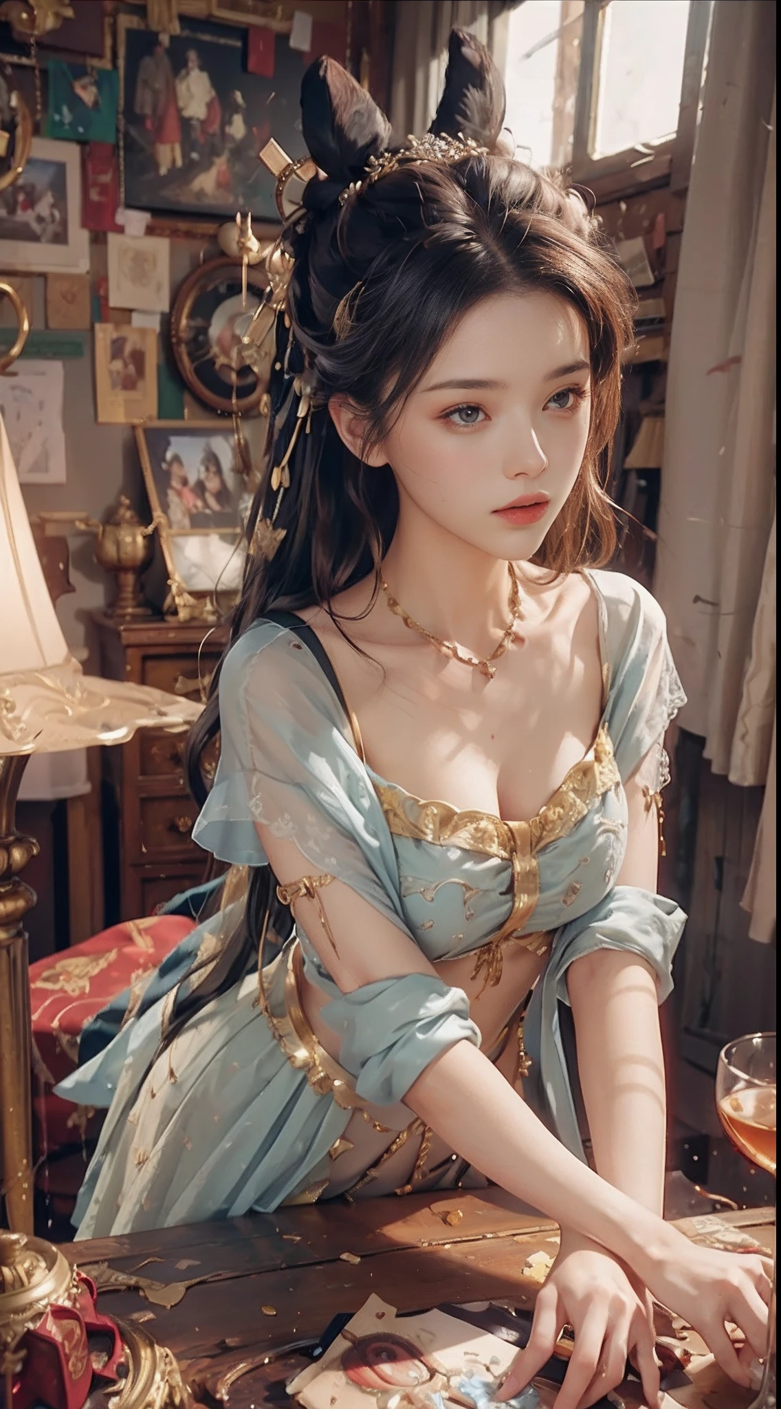A beautiful girl,Flat Chest,Shoulders exposed skin,