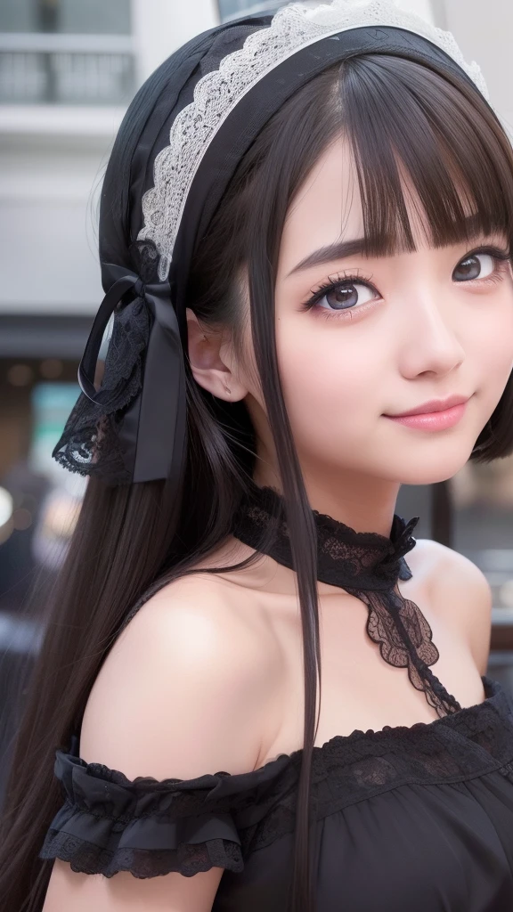 masterpiece、top-quality、8K、Raw photo、(Photorealsitic: 1.4)、ultra-detailliert、hight resolution、finely detail、natural soft light、full bodyesbian、独奏、(1girl in:1.4 )、(real looking skin:1.2)、beautiful a girl、beautiful detail、extremely detailed eye and face、Ultra-detailed and beautiful eyes、Cheerful smile、Gothic lolita、Night city、Kabukicho