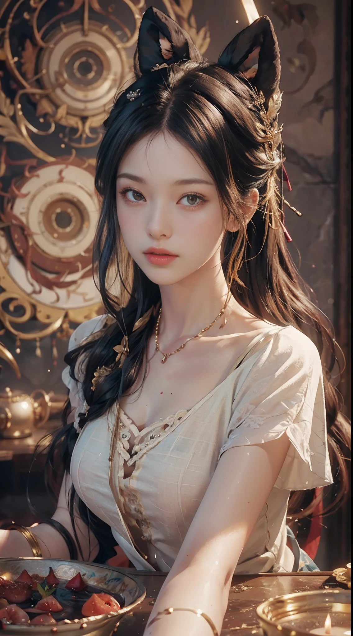 （RAW photos，best qualtiy），（realisticlying，photograph realistic：1.3），best qualtiy，highly  detailed，tmasterpiece，hyper-detailing，illustratio，1girll，upper_body，Masterpiece Theatre of the World，messy_long_hair，best qualtiy，extremely detailed CG unity 8k wal，ink，astounding，cinmatic lighting，lens_flare，lovely and delicate