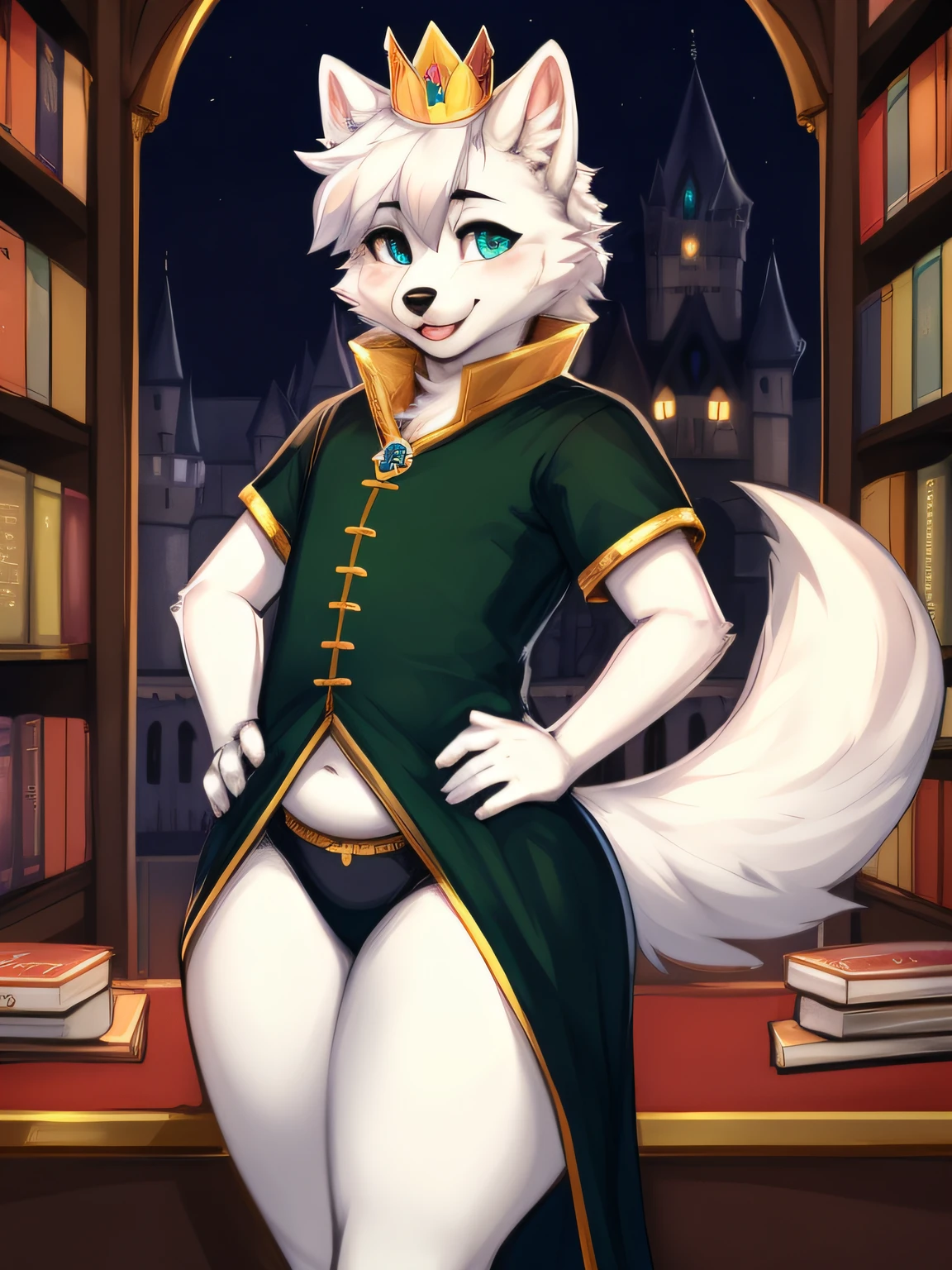 by zackary911,zackary911, arctic fox, anthro, castle background, prince, crown, chubby, blue royal outfit, heterochromia eyes , green and blue eyes ,black pupils ,curvy thighs, huge thighs, big butt, femboy, big tail, clothed, green royal gown, hand on hip, night, homosexuality, fluffy, fluffy fur, happy, paws, library, sexy