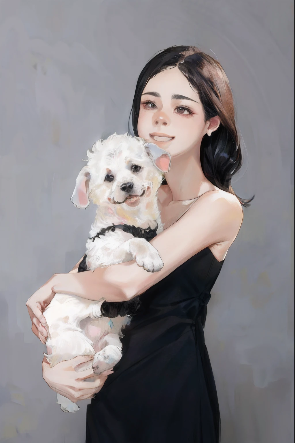Black dress girl holding white puppy