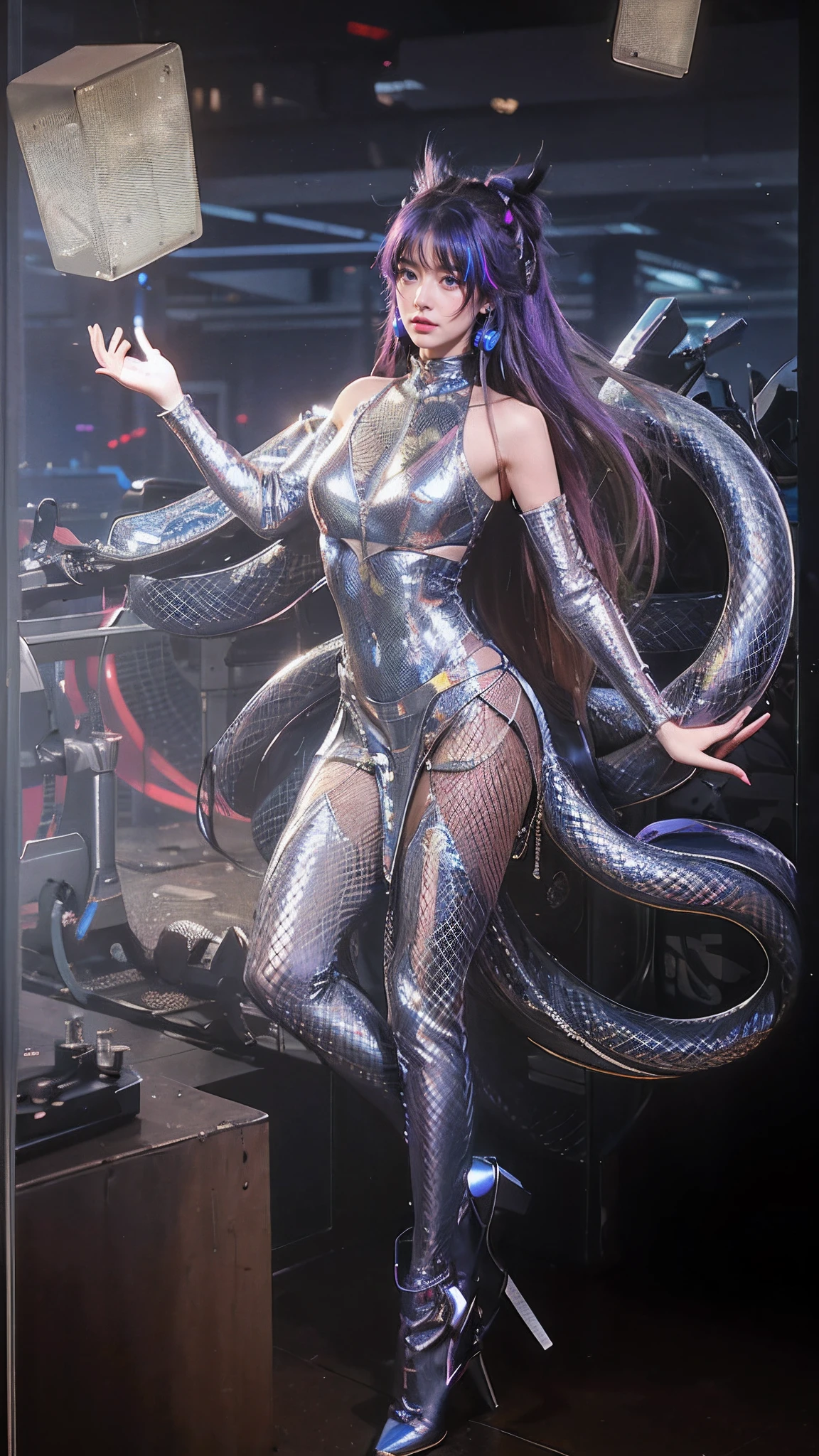 cyber punk perssonage, Dark tech, High-tech city of the future, Neon lights, Building hierarchy, Metro access, machine arm, air vehicle, Buildings, Blue-violet tones, Digital music, Digital people, light and shadow effect