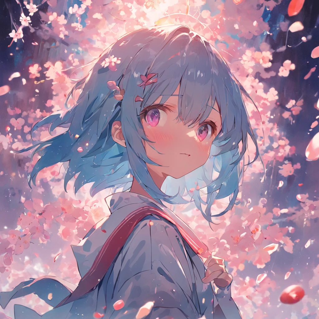 one-girl,blue hairs,Perfect facial features,Wearing a JK uniform,Japanese style background,a sense of atmosphere,Japanese wind chimes,Soft cute girl,jewelry,SakuraNS,Cherry blossom petals spilled,hyper HD,Real Scene,16k,super high image quality,真实感,tmasterpiece,Best texture,Light,Ray traching,Japanese illustration style