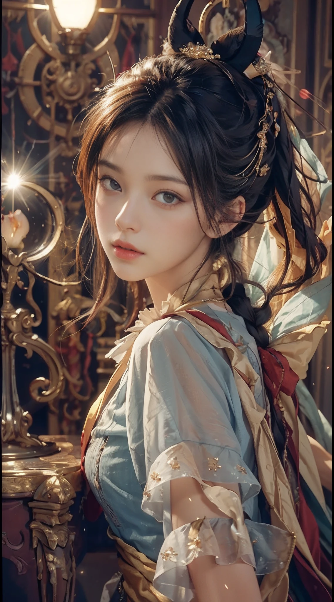 (RAW photos,best qualtiy),(realisticlying,photograph realistic:1.3),best qualtiy,highly detailed,tmasterpiece,hyper-detailing,illustratio,1girll,upper_body,Masterpiece Theatre of the World,messy_long_hair,best qualtiy,extremely detailed CG unity 8k wal,ink,astounding,cinmatic lighting,lens_flare,lovely and delicate