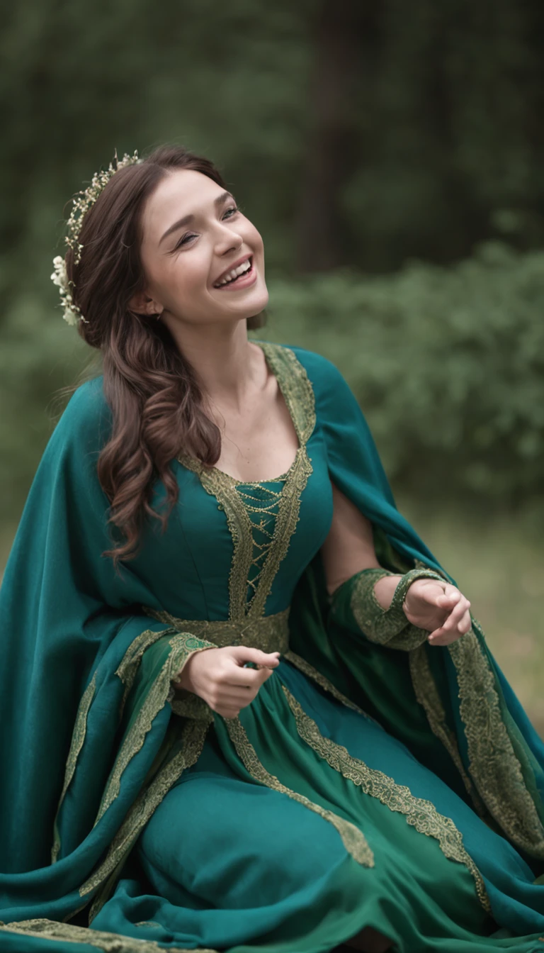 a beutiful healer woman, style of Darrel K. Sweet, laughing, kneeling on the ground, modest blue dress and green cloak, aspect ration 9:16