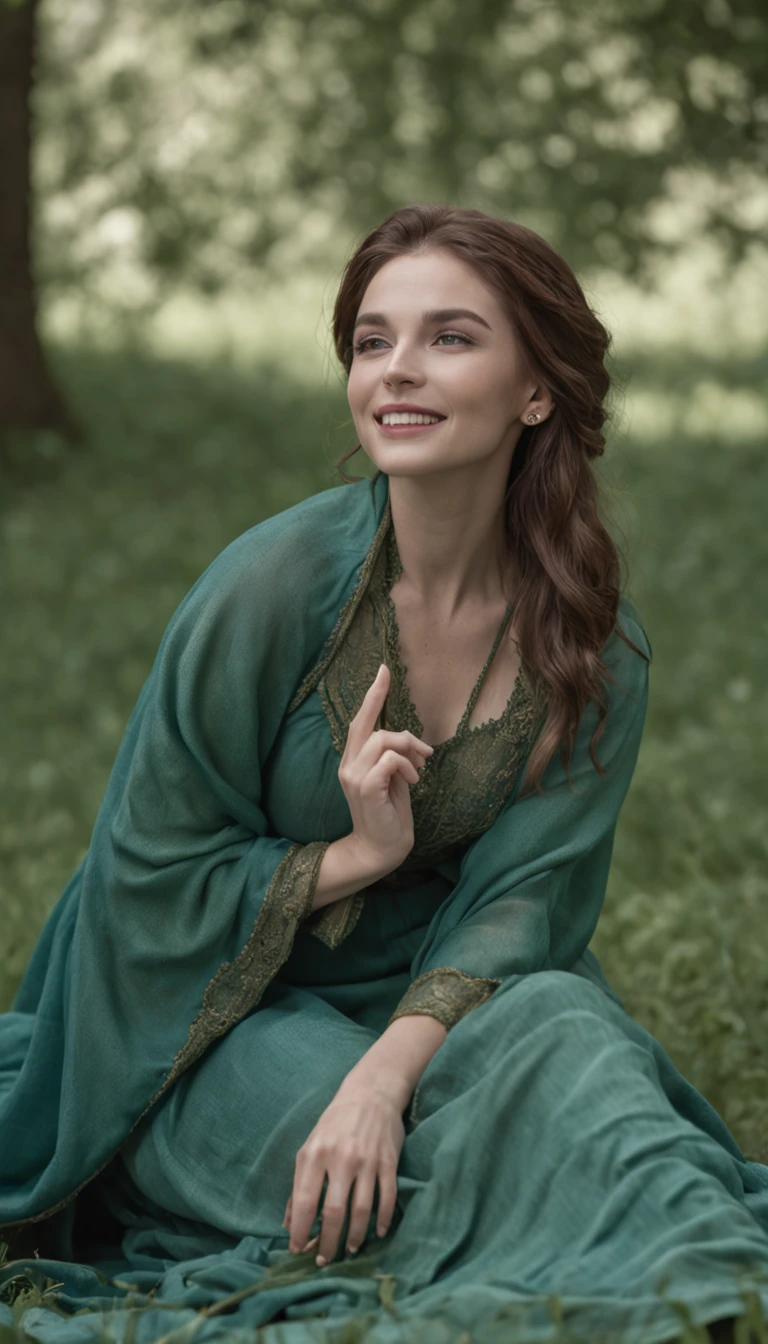 a beutiful healer woman, style of Darrel K. Sweet, laughing, kneeling on the ground, modest blue dress and green cloak, aspect ration 9:16