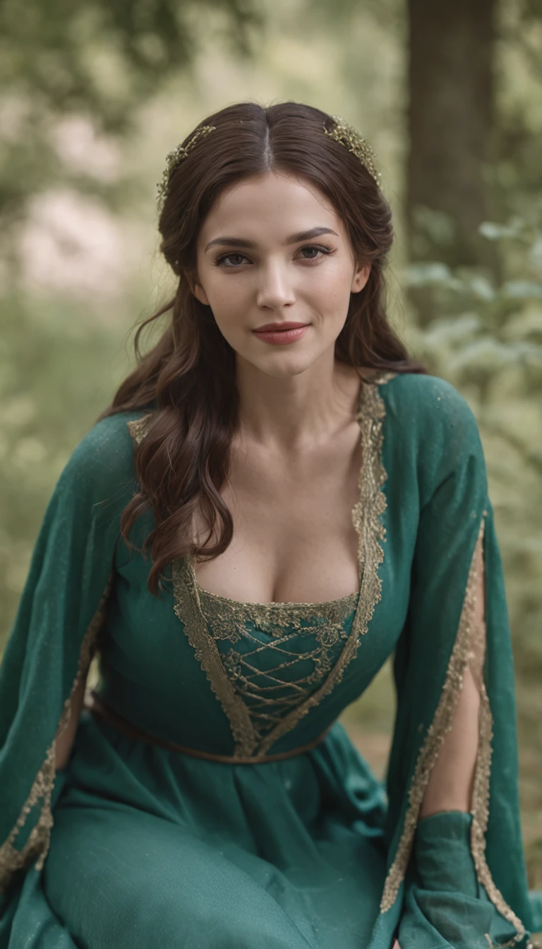 a beutiful healer woman, style of Darrel K. Sweet, laughing, kneeling on the ground, modest blue dress and green cloak, aspect ration 9:16