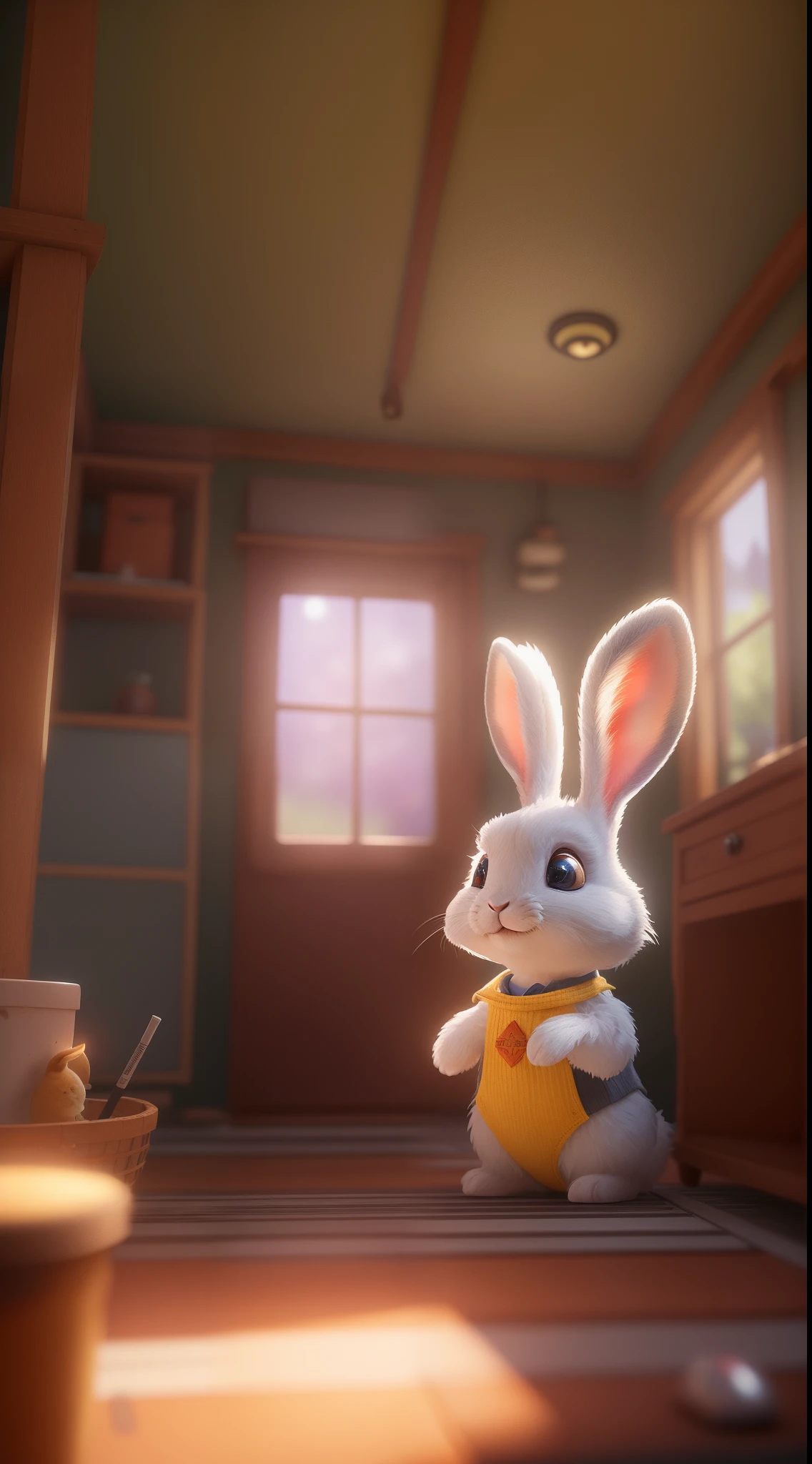 The cute little bunny waved and smiled in greeting me, Faraway view，illusory engine, cozy indoor lighting, Art Station, Detailed digital painting, Cinematic, character  design：Mark Reiden、Pixar and Hayao Miyazaki, Unreal 5, daz, Ultra photo realsisim, rendering by octane