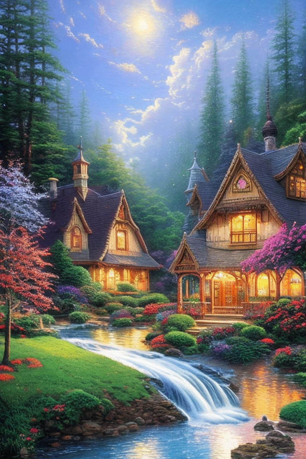 by artist "Thomas Kinkade", by by artist "Hayao Miyazaki", quilling, anime, insanely detailed and intricate, beautiful, realistic, ethereal, fantasy, hyperdetailed, mist,serene. detailed, realistic