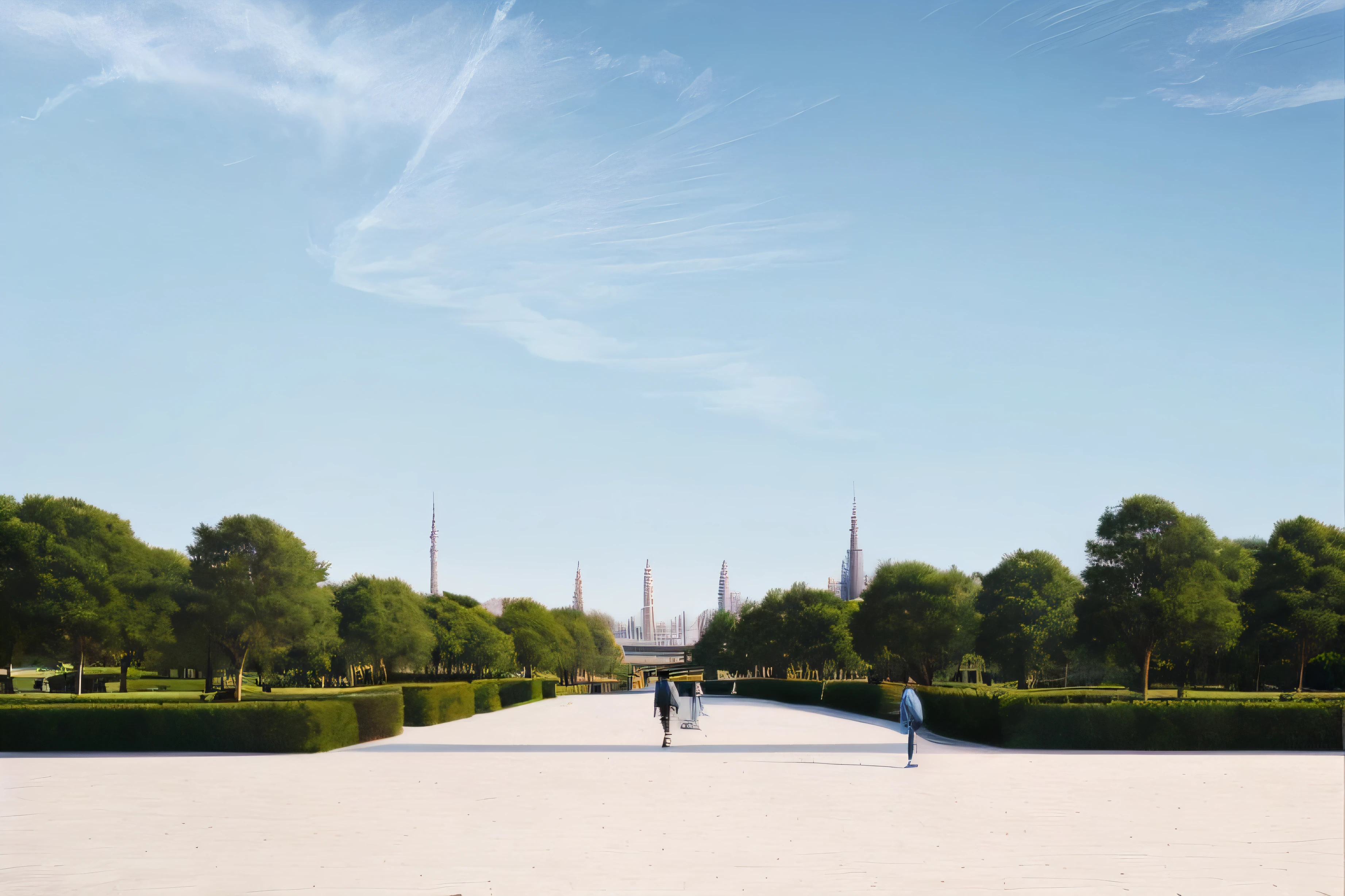 There is a man walking in the park with a kite, royal garden landscape, park in background, park landscape, Park background, royal garden background, architectural render, a wide open courtyard in an epic, elegant walkways between towers, landscape perspective, rendering, beautiful landscape rendering, photo from 2022, Perspective view, building rendering,Two-dimensional sky two-dimensional tree,