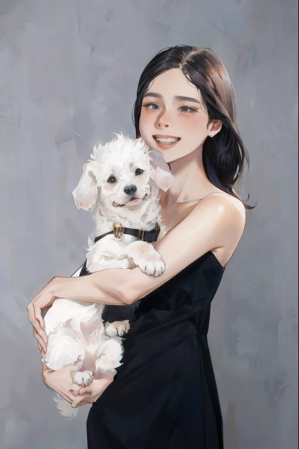 Black dress girl holding white puppy