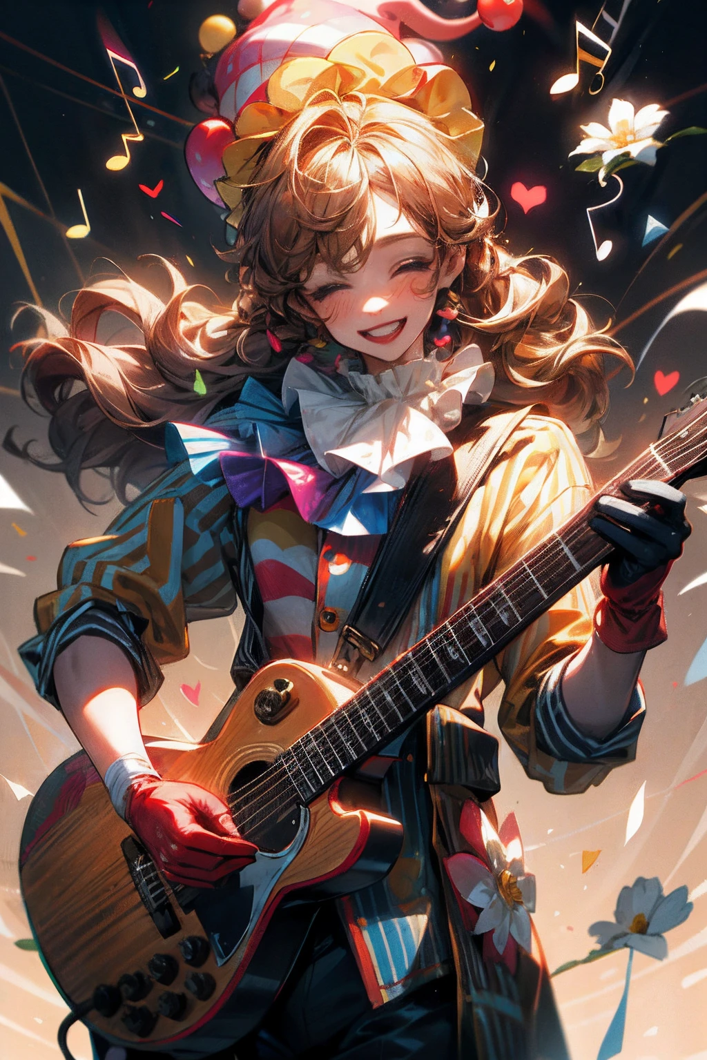 HDR,UHD,8K, best quality, masterpiece, Highly detailed, golden hour lighting, physically-based rendering, 1boy, solo,
a ((clown))). colorful, ((clown hat and flowers)), clown costume, gloves, heart drawing on face, dark blonde hair,(happy), smile,cute,music, guitar 🎸,((musical notes floating around her🎶:1.2)) singing,white face, wavy hair, hair bun,
(upper body) full body,