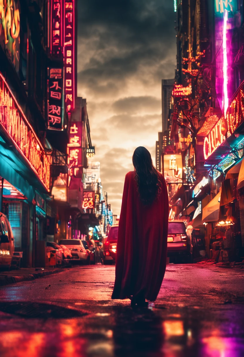 1womanl, deep v big breasts,Dramatic light, Standing in the street, filmgrain, Dark night, Depth of field, Bokeh