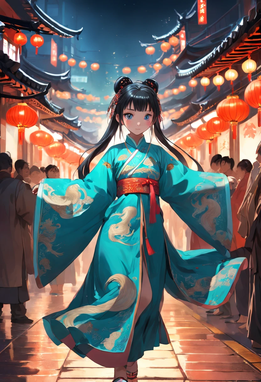 A young girl dresses in traditional Chinese clothing from the ancient Tang Dynasty,ride horse,In the lively streets of Chang'an City,The streets are lined with stalls,Heavy traffic,Crowds of people are dressed in Tang dynasty costumes,the night,lights shining