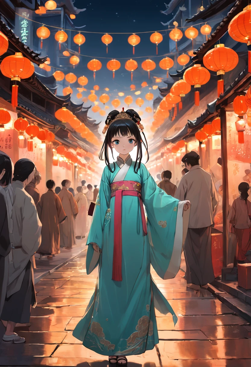 A young girl dresses in traditional Chinese clothing from the ancient Tang Dynasty,ride horse,In the lively streets of Chang'an City,The streets are lined with stalls,Heavy traffic,Crowds of people are dressed in Tang dynasty costumes,the night,lights shining