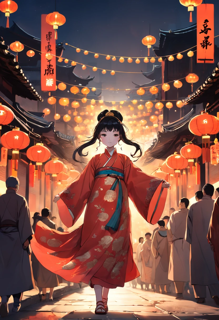 A young girl dresses in traditional Chinese clothing from the ancient Tang Dynasty,ride horse,In the lively streets of Chang'an City,The streets are lined with stalls,Heavy traffic,Crowds of people are dressed in Tang dynasty costumes,the night,lights shining