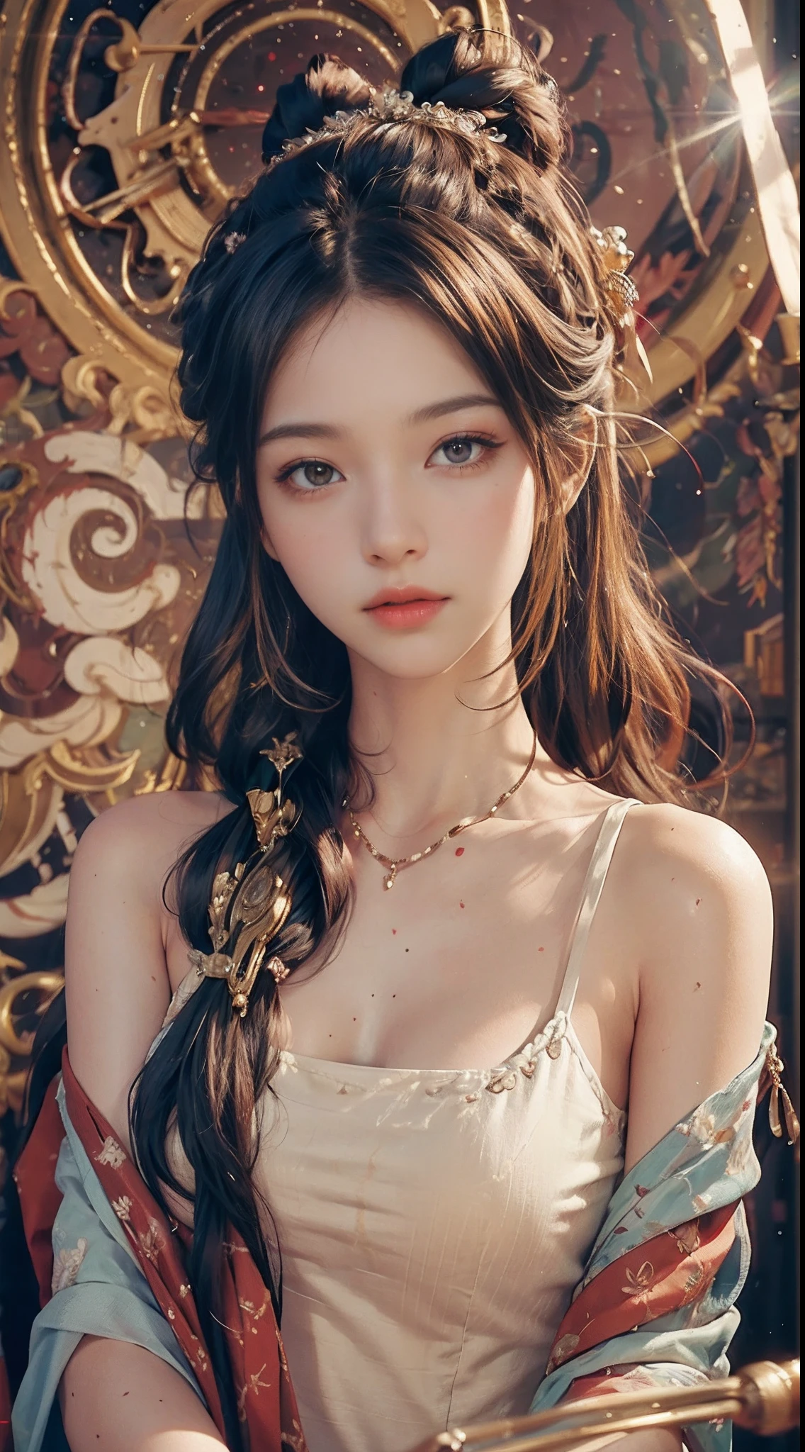 （RAW photos，best qualtiy），（realisticlying，photograph realistic：1.3），best qualtiy，highly  detailed，tmasterpiece，hyper-detailing，illustratio，1girll，upper_body，Masterpiece Theatre of the World，messy_long_hair，best qualtiy，extremely detailed CG unity 8k wal，ink，astounding，cinmatic lighting，lens_flare，lovely and delicate