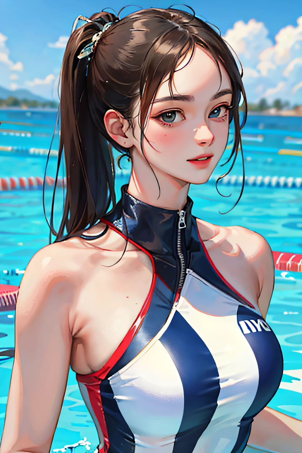 (Masterpiece:1.2, Best quality), (Real picture, Intricate details), (1lady, Solo, Upper body,) The clothes ar:swimming uniform
