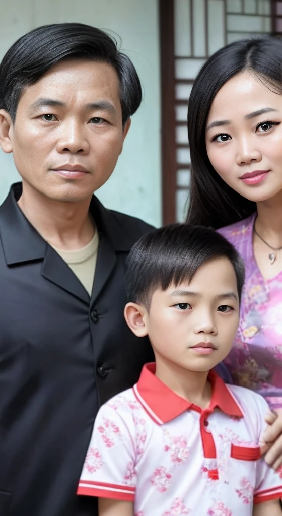 Vietnamese family Have an ugly face, 3 people, 1 age boy, 1 mother, 1 father, Black skin