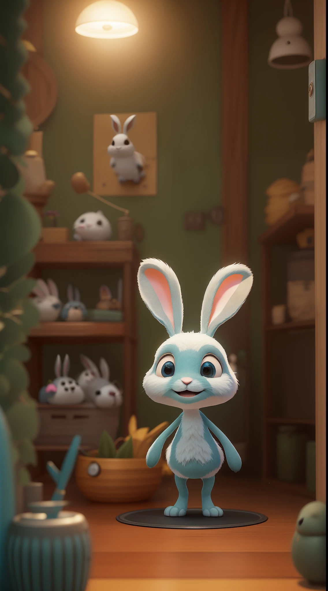 The cute little bunny waved and smiled in greeting me, Faraway view,illusory engine, cozy indoor lighting, Art Station, Detailed digital painting, Cinematic, character design:Mark Reiden、Pixar and Hayao Miyazaki, Unreal 5, daz, Ultra photo realsisim, rendering by octane