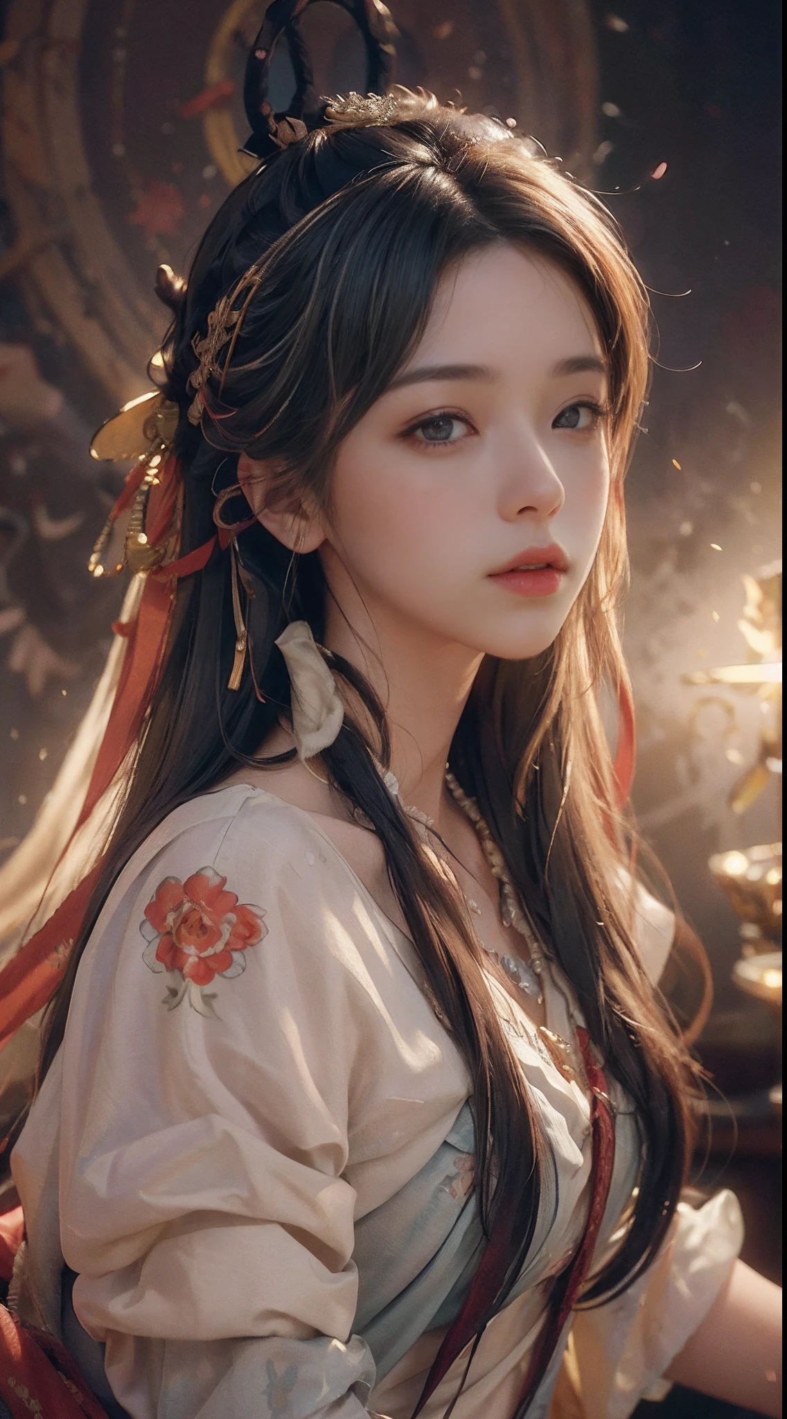 (RAW Photo, Best Quality), (Realistic, Photo Realistic: 1.3), Best Quality, Highly Detailed, Masterpiece, Hyperdetail, Illustration, 1 Girl, upper_body, Dynamic Angle, World Masterpiece Theater, messy_long_hair, Best Quality, Extremely Detailed CG Unified 8k Wallpaper, Ink, Amazing, Cinematic Lighting, lens_flare, Chu Chu Touching