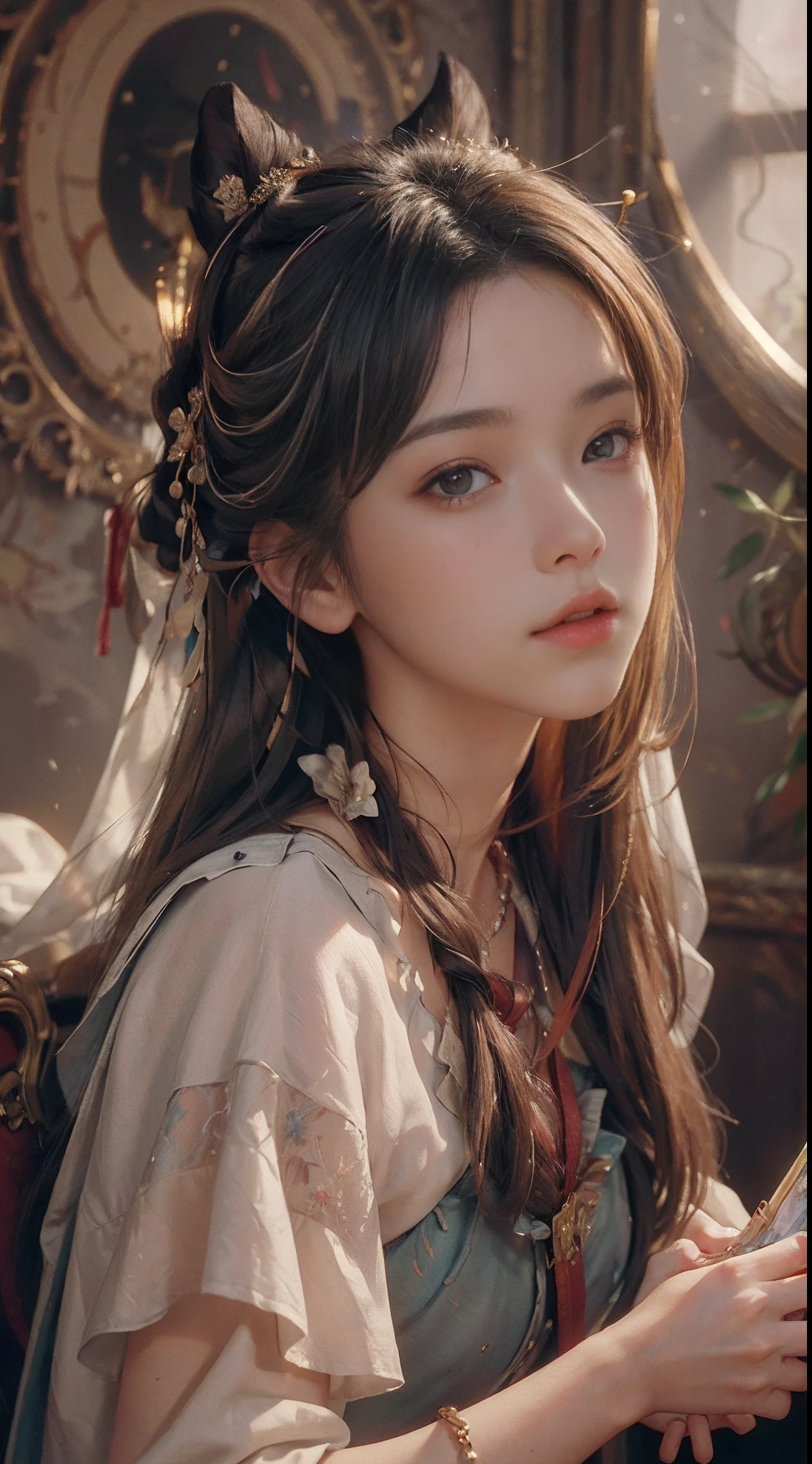 A woman with long hair wearing a dress and a flower in her hair - SeaArt AI