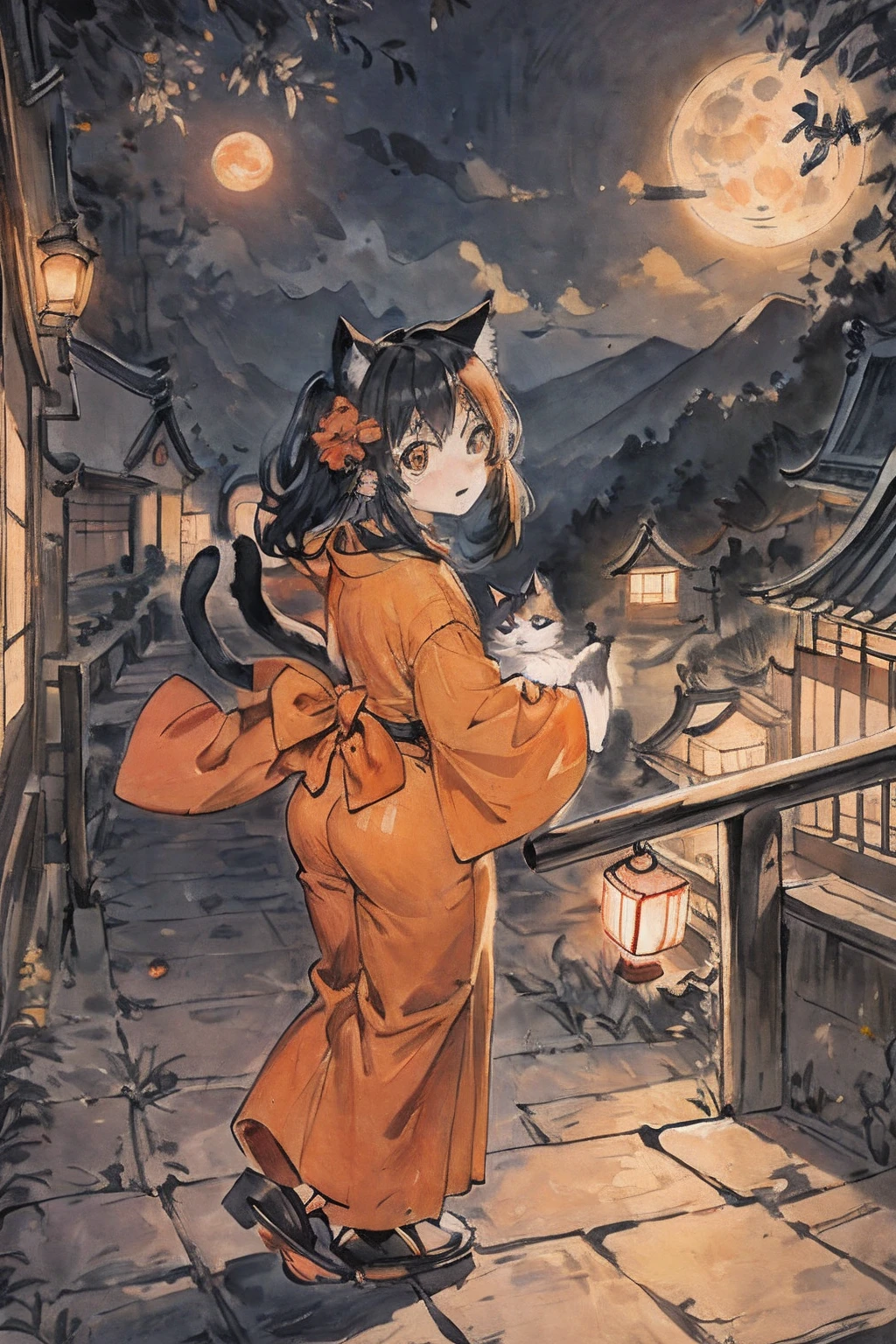 Cat,orange,Cute,Big eyes,masutepiece,fullmoon,backstreet、Japanese landscape、blue-sky、