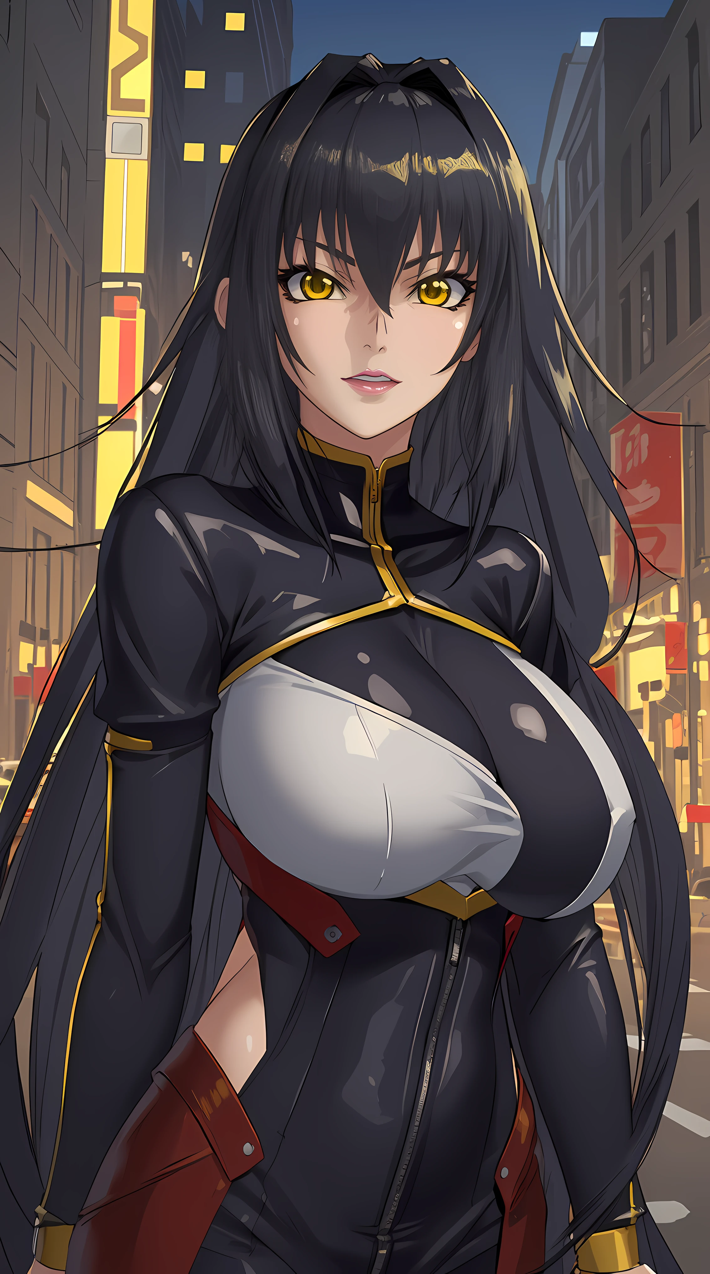 Annerose, 1girl, female mature, black hair, long hair, yellow eyes, large breasts, skin tight, hair intakes, (exquisite character details, beautiful lips, beautiful yellow eyes, beautiful face, beautiful and properly clothed), extremely detail unity 8k wallpaper, (solo:1.5), extremely detail downtown, in the middle of downtown, (bodysuit, fully suited, closed clothes)