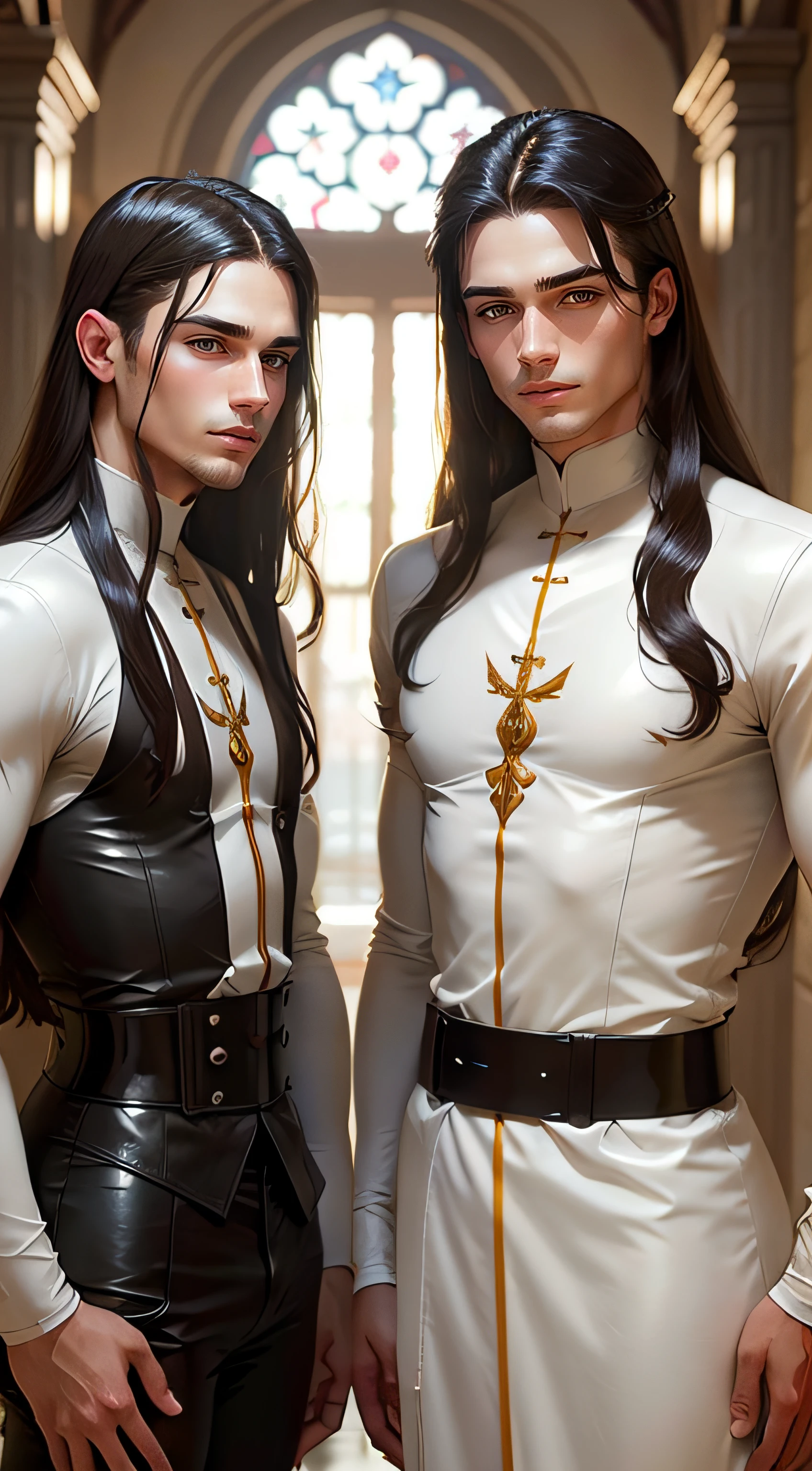 gorgeous male twins with long dark hair, clean shaved, as priests in white leather