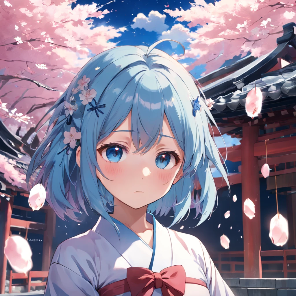 one-girl，blue hairs，Perfect facial features，Wearing a JK uniform，Japanese style background，a sense of atmosphere，Japanese wind chimes，Soft cute girl，jewelry，SakuraNS，Cherry blossom petals spilled，hyper HD，Real Scene，16k，super high image quality，真实感，tmasterpiece，Best texture，Light，Ray traching，Japanese illustration style