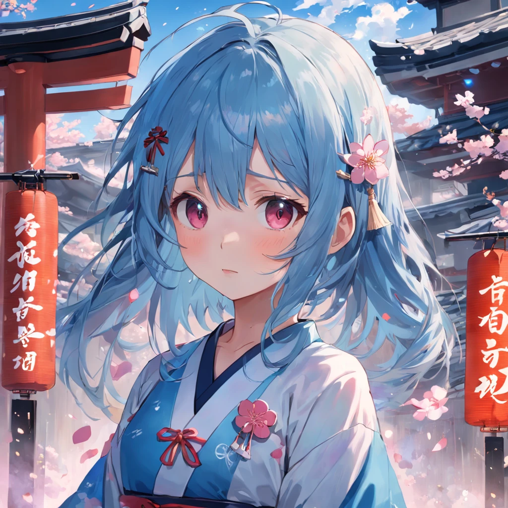 one-girl，blue hairs，Perfect facial features，Wearing a JK uniform，Japanese style background，a sense of atmosphere，Japanese wind chimes，Soft cute girl，jewelry，SakuraNS，Cherry blossom petals spilled，hyper HD，Real Scene，16k，super high image quality，真实感，tmasterpiece，Best texture，Light，Ray traching，Japanese illustration style