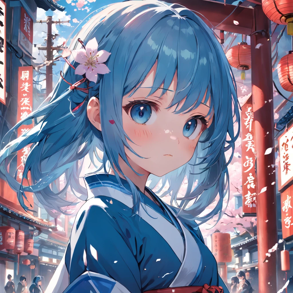 one-girl，blue hairs，Perfect facial features，Wearing a JK uniform，Japanese style background，a sense of atmosphere，Japanese wind chimes，Soft cute girl，jewelry，SakuraNS，Cherry blossom petals spilled，hyper HD，Real Scene，16k，super high image quality，真实感，tmasterpiece，Best texture，Light，Ray traching，Japanese illustration style