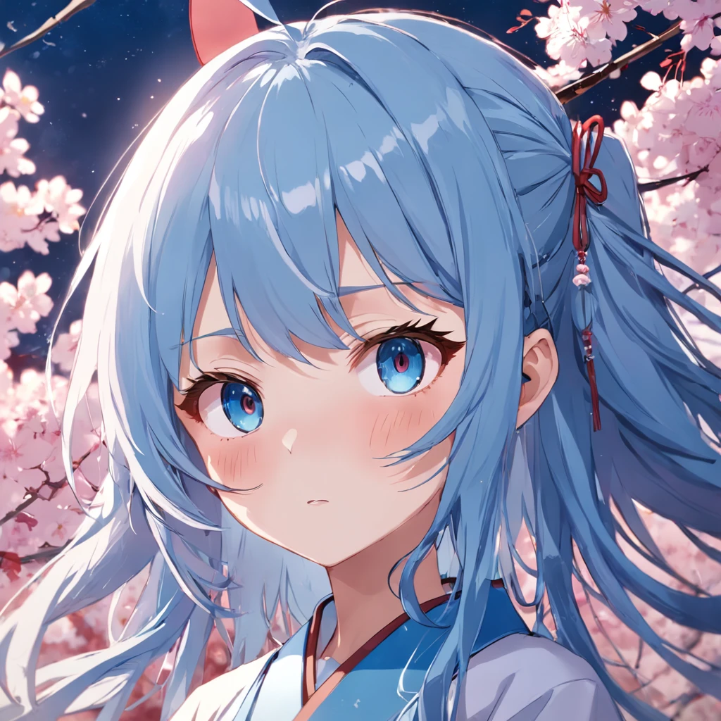 one-girl，blue hairs，Perfect facial features，Wearing a JK uniform，Japanese style background，a sense of atmosphere，Japanese wind chimes，Soft cute girl，jewelry，SakuraNS，Cherry blossom petals spilled，hyper HD，Real Scene，16k，super high image quality，真实感，tmasterpiece，Best texture，Light，Ray traching，Japanese illustration style