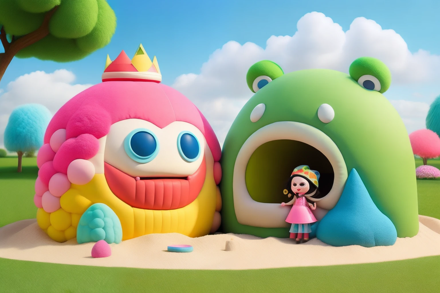 Two adorable monster brothers, Fluffy and Squeeze,、「Powerpuff Girls」In a setting that is very similar to the character of、Draw in detail what it's like to play in a vivid, green park。Fluffy is characterized by blue color and fluffy appearance.、It seems to be very fun to slide on the slide。one fang、Squeeze with pink color and fluffy texture、I'm crazy about building sandcastles in a sandbox。Nearby, children also have fun playing various games。Fluffy compassionately brings a balloon and hands it to Squeeze.、Squeeze will gladly receive it。Their faces lit up.、Together we will release balloons into the sky。afterwards、Play on the swing、Fill the park with laughter and happy atmosphere。