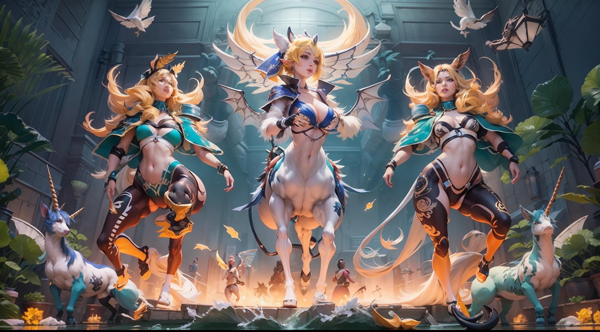 In the beautiful illustration of this super-grand scene,Display ultra-long-range lenses(Over eight unique centaur characters:9.9),They all have their own characteristics,Vivid and interesting。A radiant angel centaur from the celestial realm,To hellish centaurs surrounded by nightmarish flames,Then go to the Wind Fairy centaur dancing in the air,There are also unicorn centaurs surrounded by lightning,and mechanical centaurs shining with metallic light,Then there are the mighty dragon centaurs,Colorful dragon scales cover the whole body,The elegant and agile elf centaur always wears a flower crown,The lines are slender and beautiful,Charming and charming Tiflin centaurs。Each character has their own unique charms and abilities。Illustration uses advanced artistic techniques and tools,(Divide the scene into sections by geometric arrangement:9.9),Each section corresponds to a centaur character,This allows for more efficient use of space。Pass the advanced brush tool halfway、Color Palette、Material packages and model packages,For every centaur, Beautiful props are designed to increase racial characteristics、Clothing and physical characteristics,Enhance the character's personality and visual appeal。The scenery in the illustration is stunning,The sky is changing、rainbowing、extreme light、Stars and Moon。Incorporate iconic landmarks like Mount Everest,and fireworks、Tranquil lake、Natural and urban elements of waves and neon lights,creating a magical atmosphere。Centaurs showcase their unique abilities and equipment in a variety of environments,This is true even in extreme alien landscapes。(Use tools halfway、Material pack、Texture tools、The color palette makes the depiction details vivid and realistic:9.9),From complex hairstyles and different ethnic characteristics、Body、Appearance characteristics、Clothing to real textures,This greatly enhances the realism of the characters and surroundings。The fusion of multiple artistic styles adds movement from all angles to the movement of centau