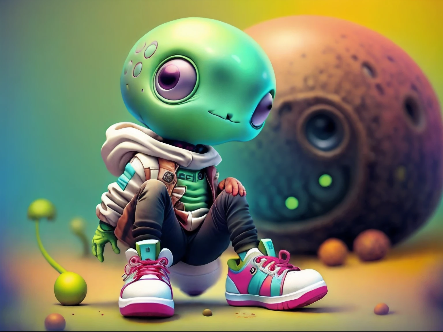 Alien fofinho, regata, Bermuda Sneakers sorrindo, estiloso
