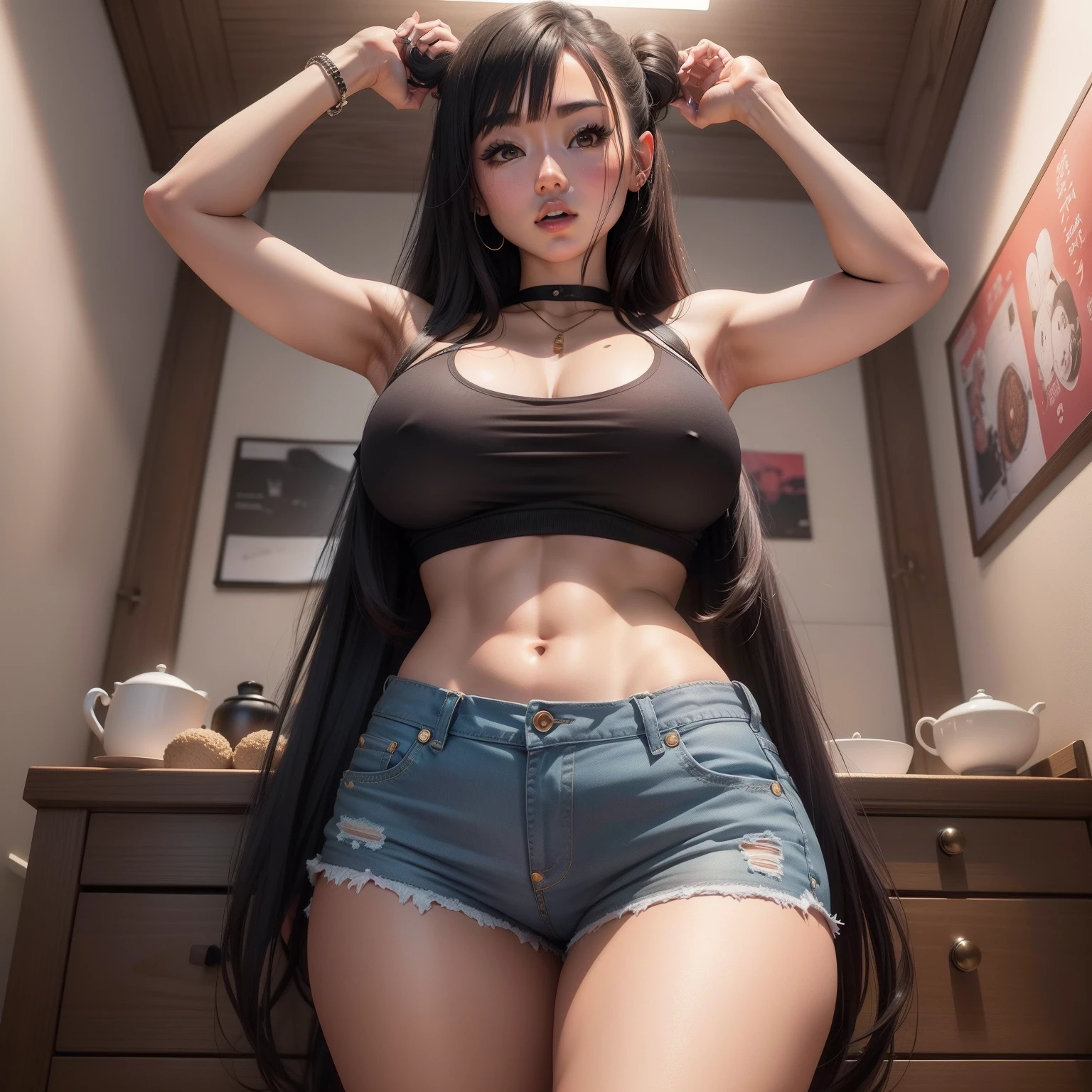 Chica asiatica, muestra su enorme culo, ala camara, en mini shorts