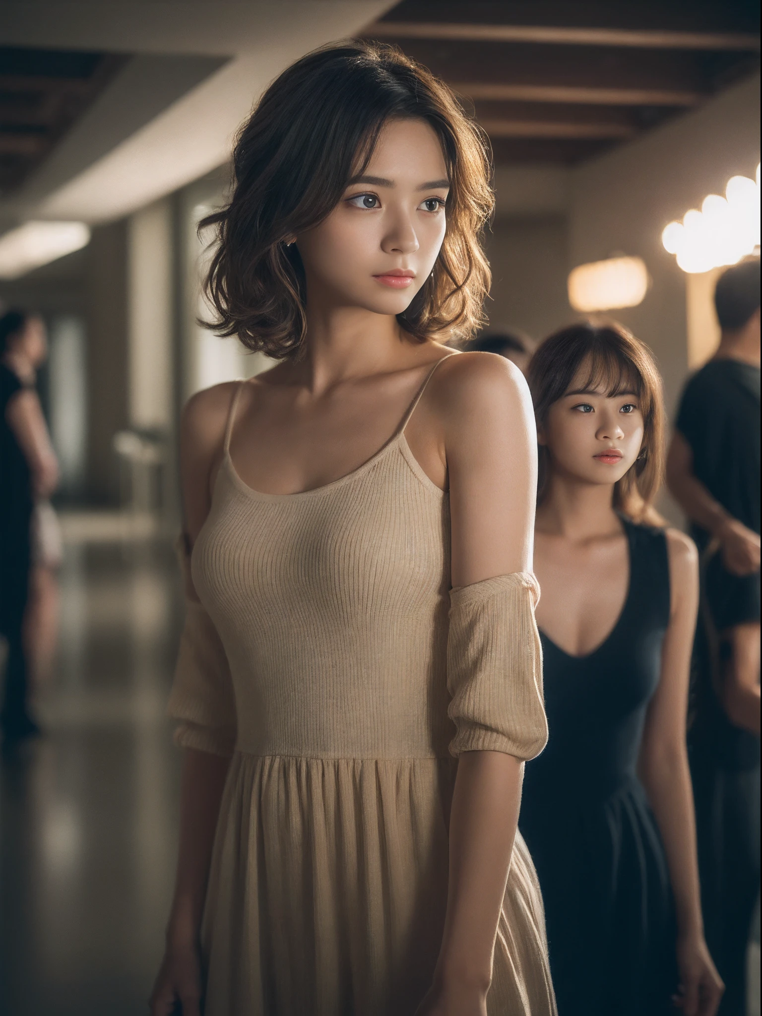 ((top-quality、8K、masterpiece:1.3))、foco nítido:1.2、(realisitic、Photorealsitic:1.37)、Beautiful face girl、cute face、21years old、tiny chest、flat breast、middle hair、Curly hair、light brown hair、Walking、Camisole、a miniskirt、terminal、station、sunlights、Kindness、电影灯光、frombelow、(8K、masterpiece、top-quality、Raw foto)
