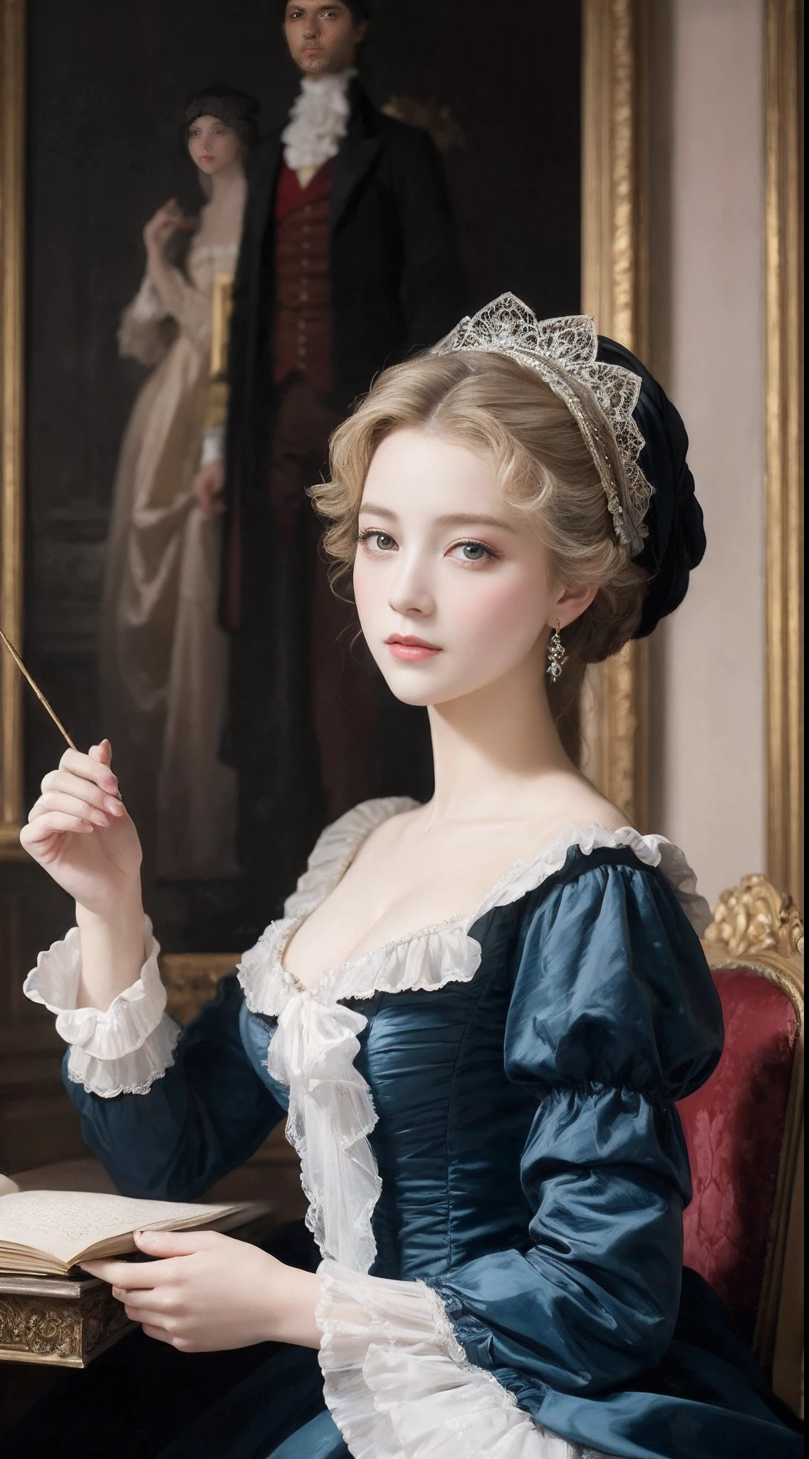 an oil painting、top-quality、masterpiece、1girll、Dresses from the Belle Époque era、Noble lady、French cityscape、Marie Antoinette、Lady、