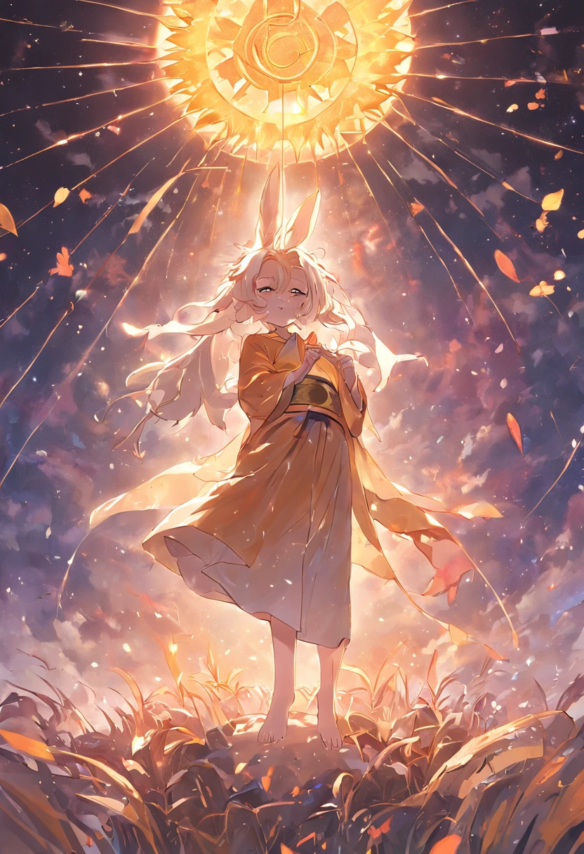 In the universe,There is a big sun,Rabbit Buddha incarnated as the sun,Radiant light illuminates all things,The clothes and chest are patterned with grass