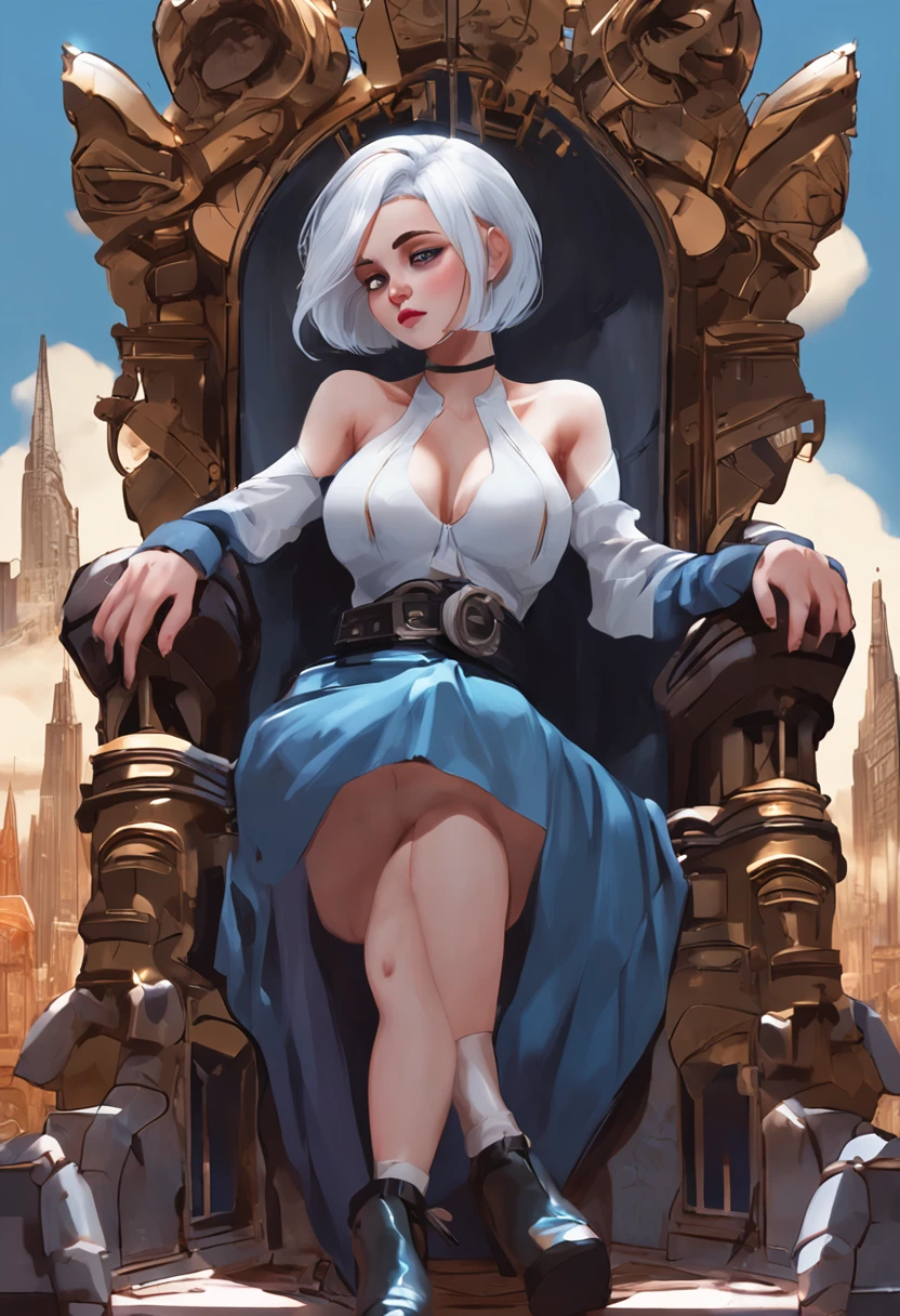 2girl, short white hair, blue eyes,sexy, city, absurdres, high res, ultrasharp, 8K, masterpiece, big boobs,, sitting on a throne and looking downward, cool face, and disgust expression, view from below