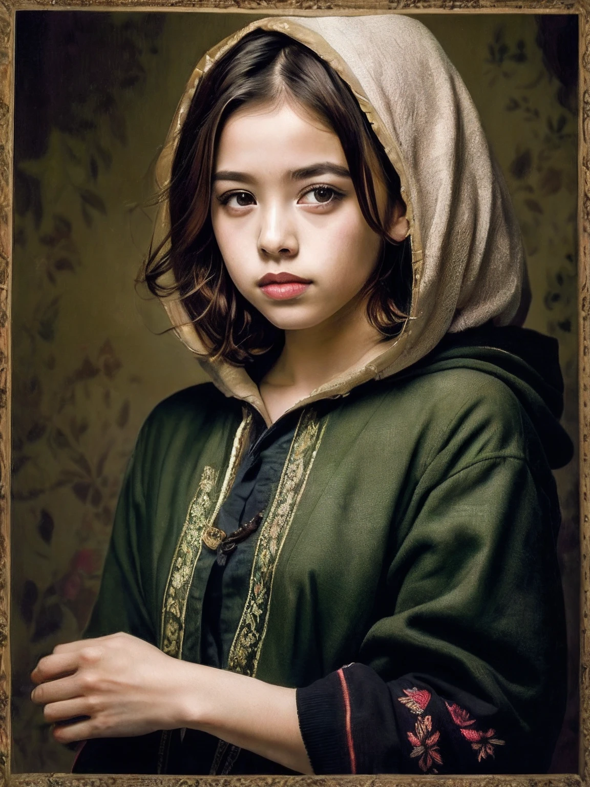 (estilo Modelshoot), Imagem de corpo inteiro de menina de 10 anos assustada ((usando roupas, Medieval rustics with green hood made of a palatial tapestry)), with brown medieval shoes (Shy), 1girl, solo, cabelos negros e olhos negros, rosto muito delicado, olhos negros bonitos, pele muito branca [gordinho], bonito, com bochechas rosadas, olhos tristes, beleza impressionante, (Rembrandt Lighting), lente zeiss, , (pele de alto detalhe: 1.2),, Dramatic embroidery light, alta qualidade, Fujifilm XT3,