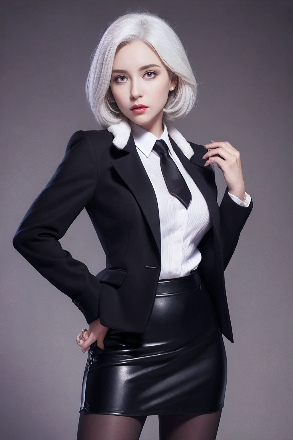 Photorealistic, high resolution, 1 Women, Hips up, Beautiful eyes, White hair, ringed eyes, Collared shirt,black necktie,Black skirt, pencil skirts, Fur coat