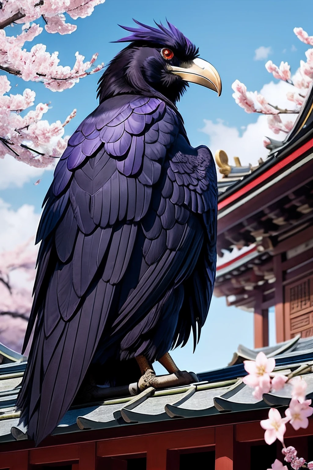 a mythical creature raven outfit the kimono and silk hat, on the temple roof, children's book style, best quality, cherry blossoms,