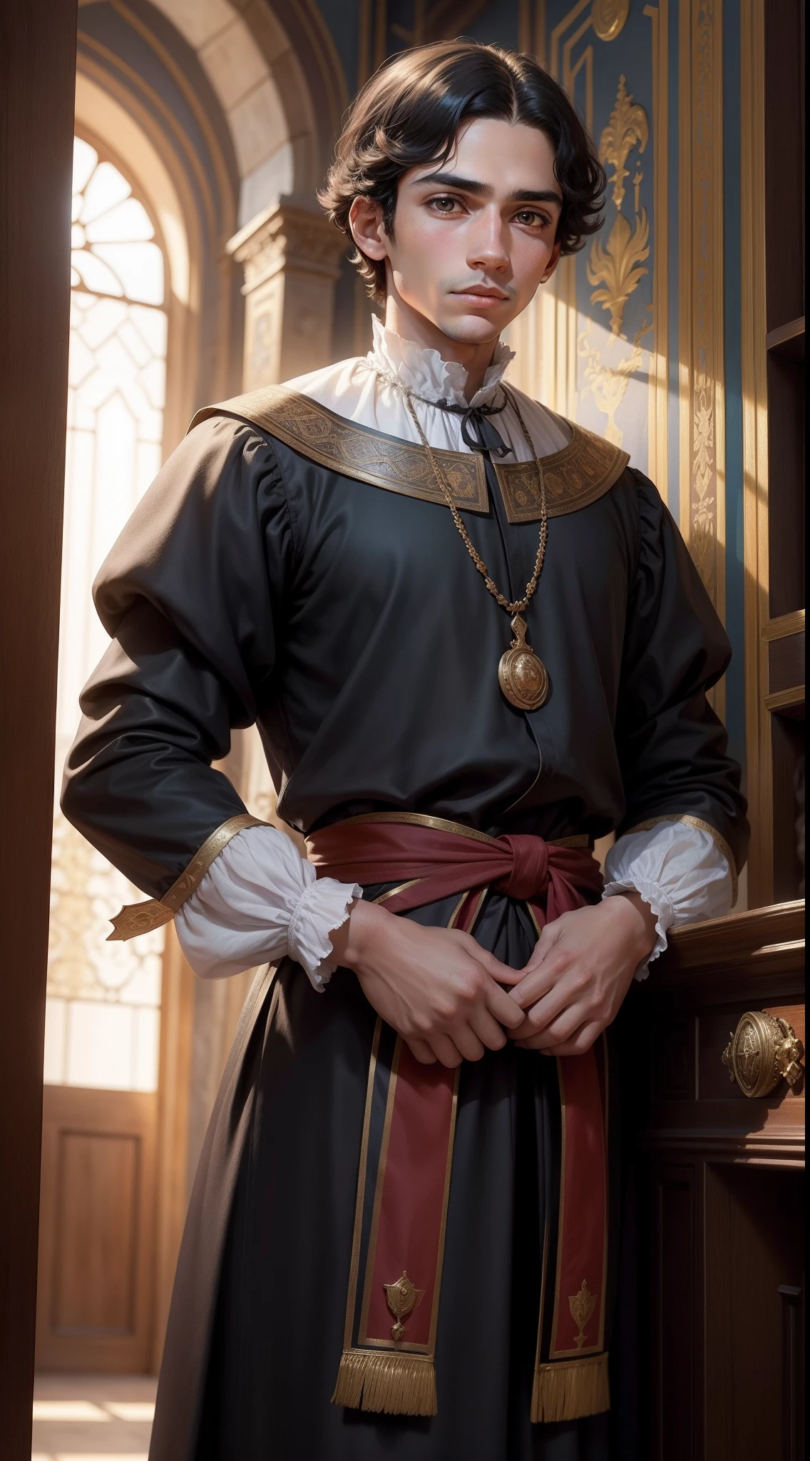 Ferdinand Magellan, palace Attendant clothes, big and balanced eyes, fair, 16th century, renaissance, age of exploration, very young age, very cute, of 10,mooth face skin, no wrinkles, boy, Portuguese, black hair, no beard, smooth and hairless jaw, the greatest of all the times, future hero ,impressive, daring, brave, curious, ambitious, very attractive, unrealistic, decisiveness,Ingenuity, background is Portugal Palace 15th century medieval