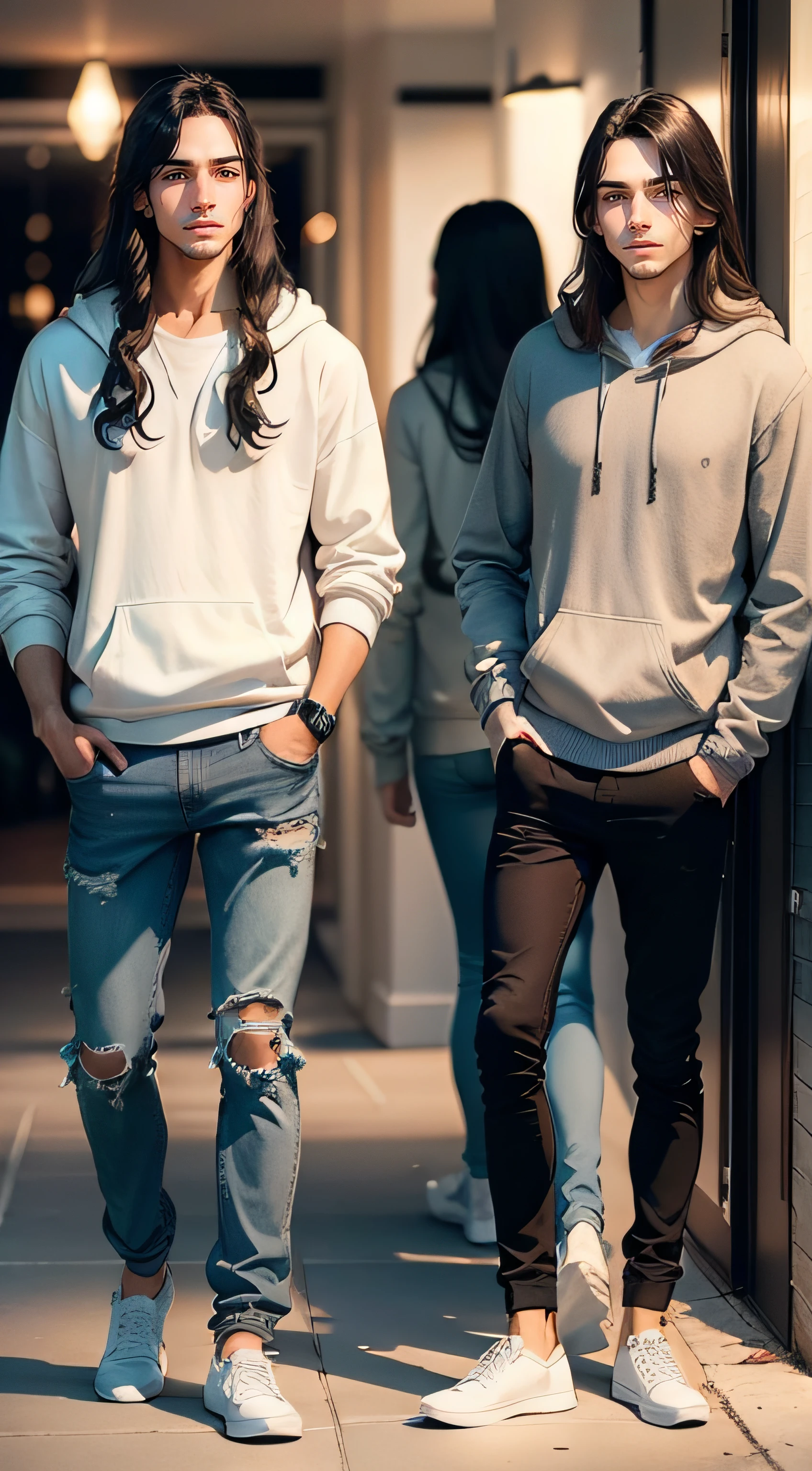 gorgeous young male triplets with semi-long dark hair in casual hoodies