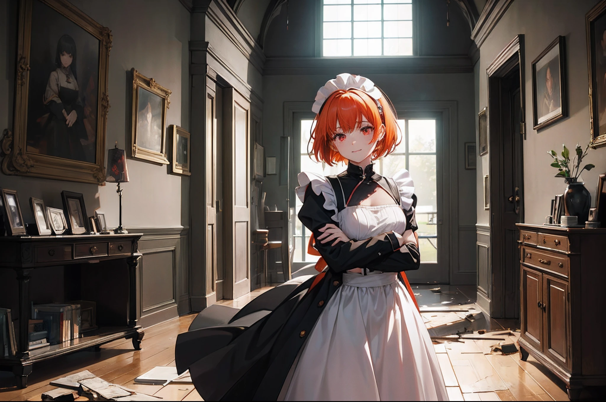 Aberrant colours, best quality, cinematic lighting, highest resolution, 8k, young woman, 1 girl, solo, red eyes, short hair, orange hair, wearing a maid_dress under a coat, tattered black coat with runes, smile, nimble figure, cute pose, holding a lightsaber, standing, looking at viewer from the side, destroyed inner room of a household as background