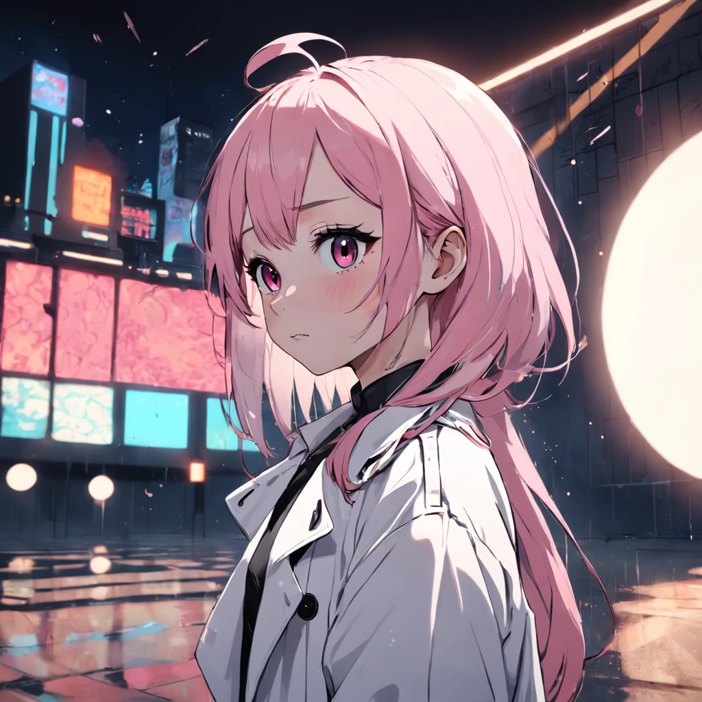 On a brick wall. Doodle drawing. Against the background of white circles, A cute young girl with pink hair in a white trench coat and a tattoo in black, On her shoulder is an owl
